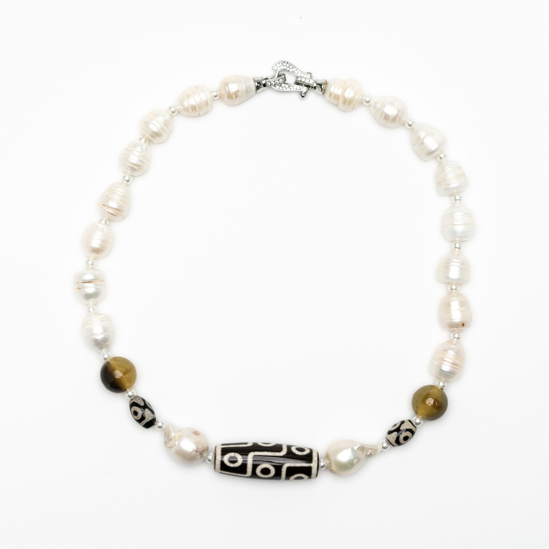 Roman Numeral Patterned Saltwater Pearls with Dzi Bead