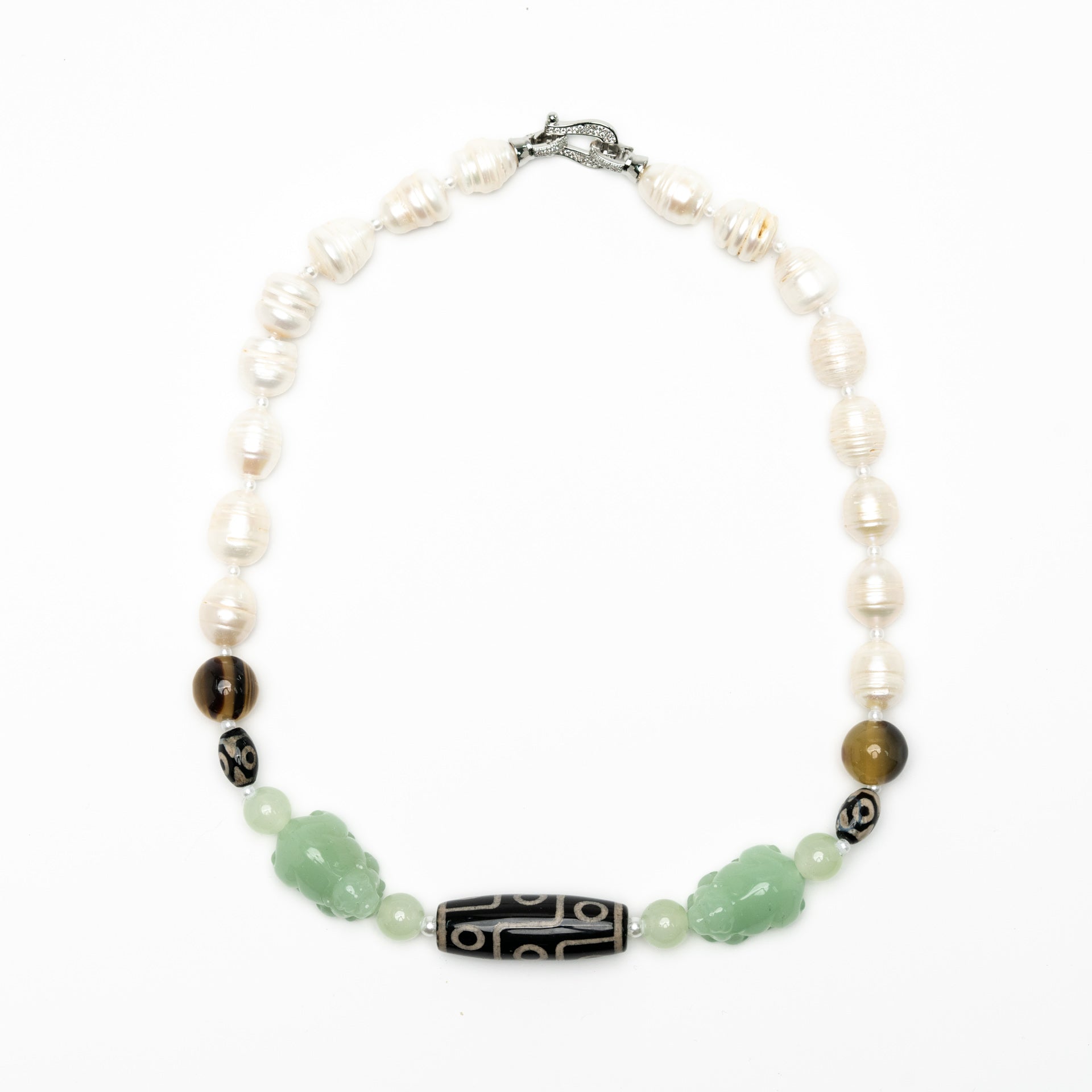 Roman Numeral Patterned Saltwater Pearls with Jade and Dzi bead  (Collector's Edition)