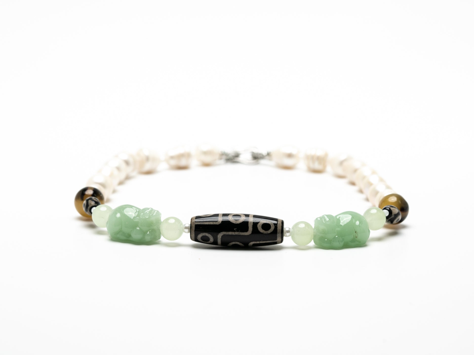 Roman Numeral Patterned Saltwater Pearls with Jade and Dzi bead  (Collector's Edition)