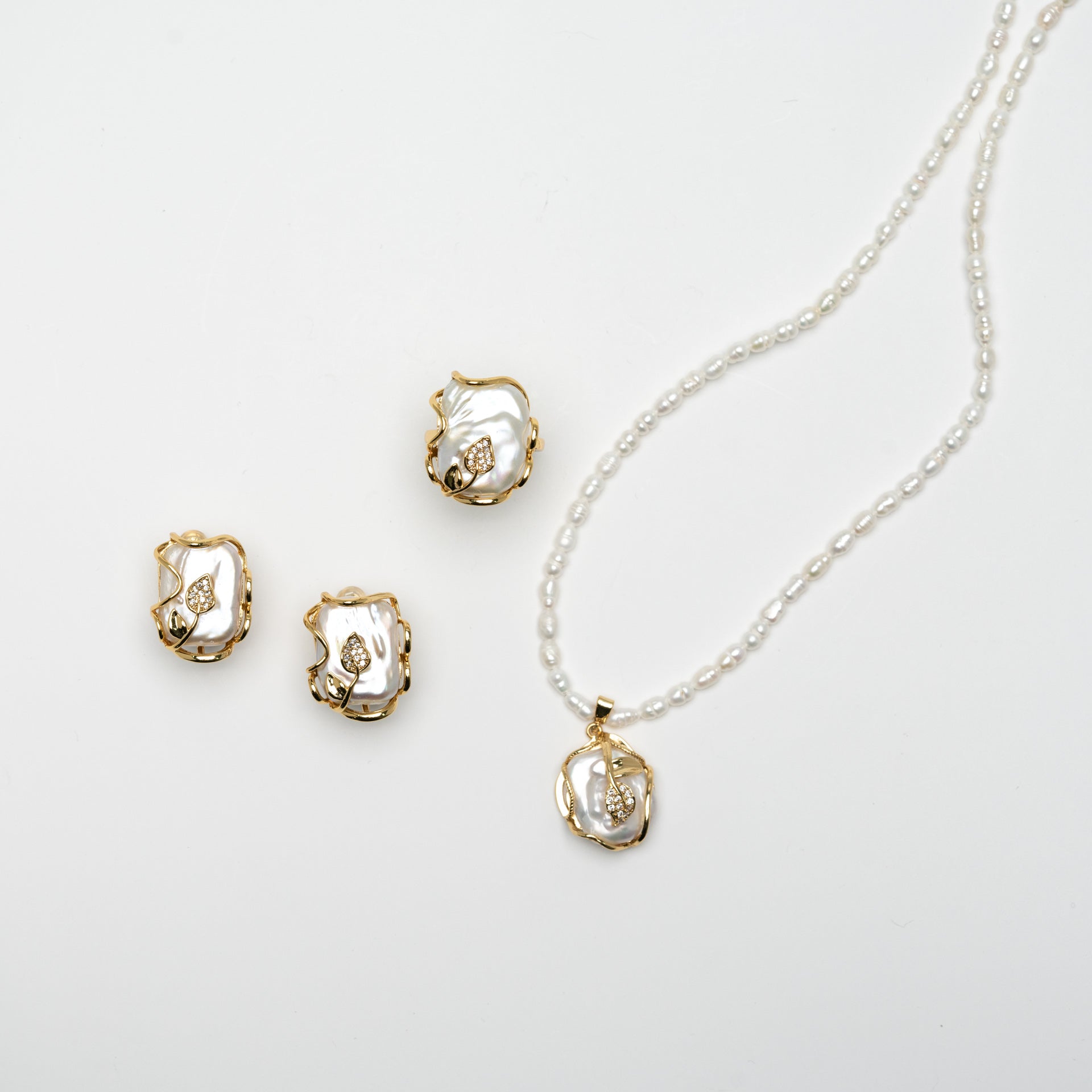Natural Saltwater Pearls with Roman Seed Pearls in 10K gold-plated Silver Set